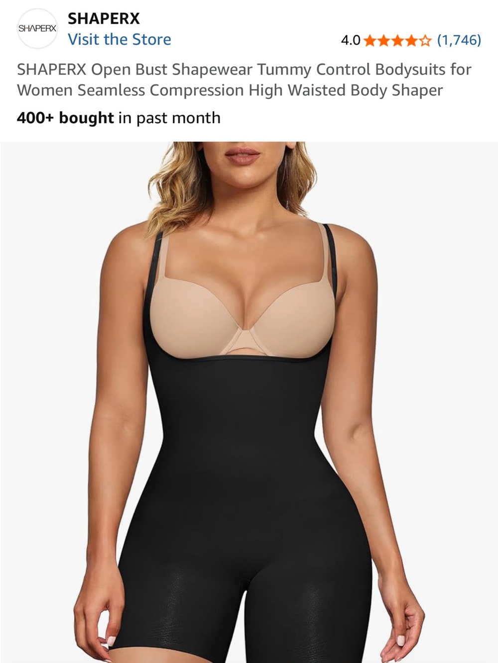 SHAPERX High-Waisted Open-Bust Black Shapewear Bodysuit